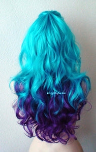 26" Teal Blue - Purple Ombre Long Curly Hair Side Bangs Wig