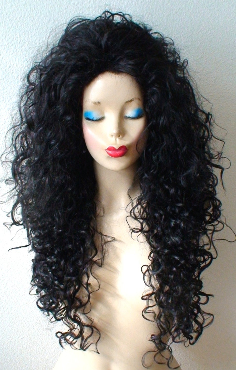 30" Black Long Curly Wig. Custom Wig. Cosplay Wig.