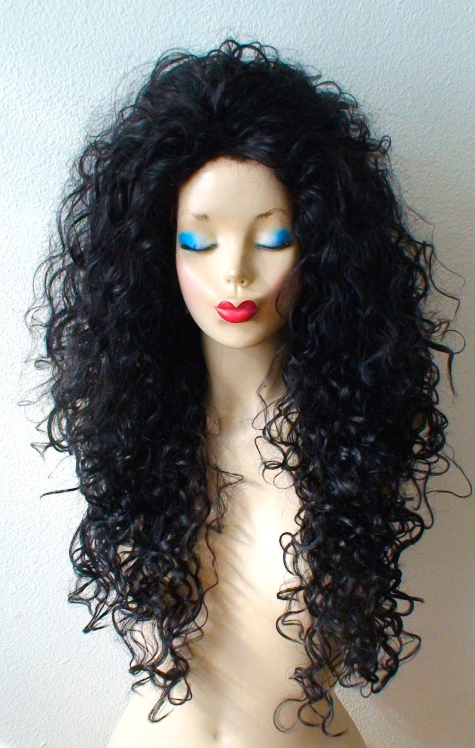 30" Black Long Curly Wig. Custom Wig. Cosplay Wig.