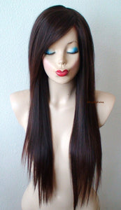 28" Chocolate Brown/Auburn ombré Long Straight Hair Long Side Bangs Wig