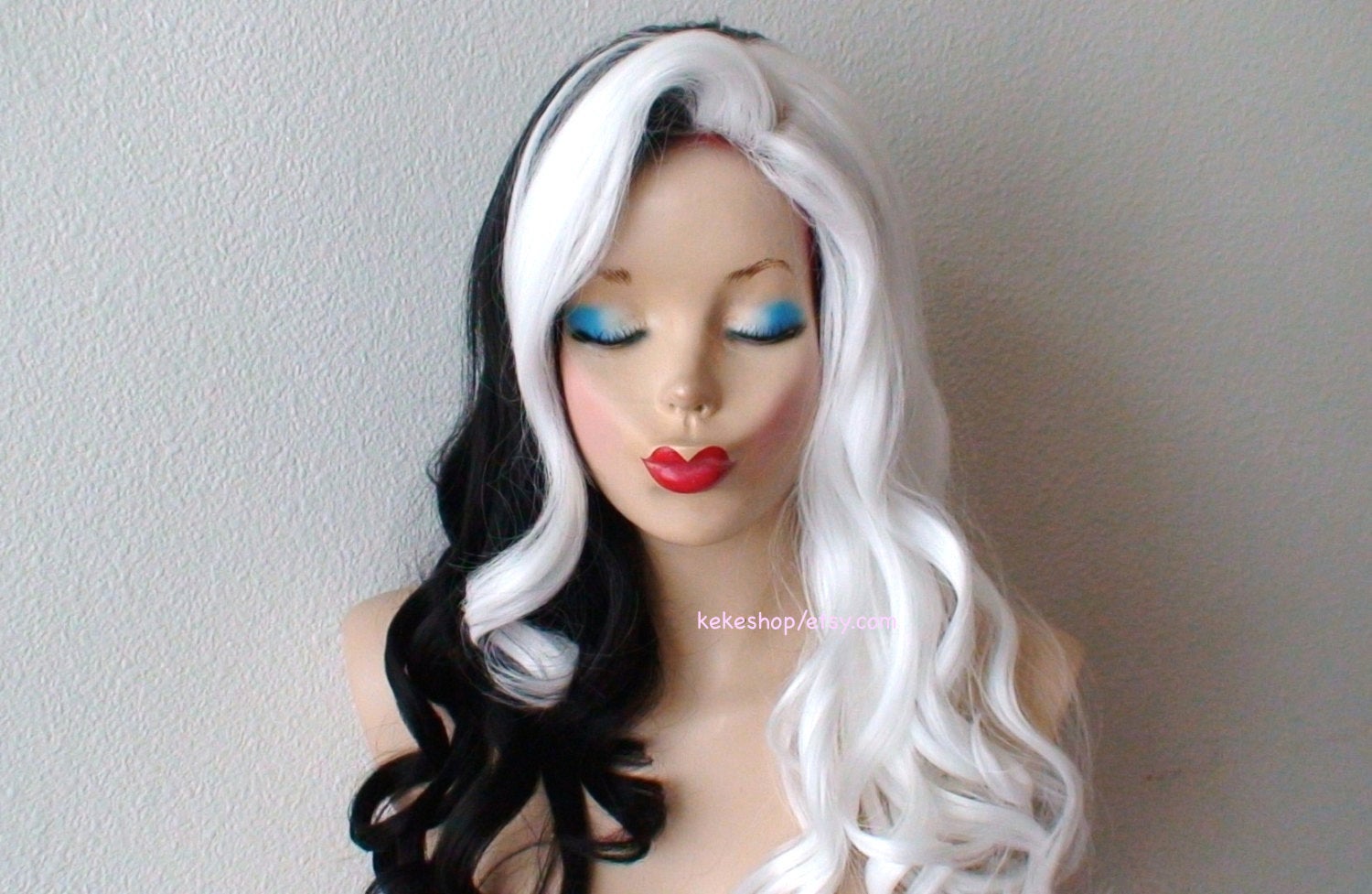 28" White Black Side by Side Long Curly Hair with Long Side Bangs Wig