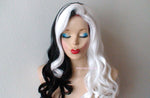 Load image into Gallery viewer, 28&quot; White Black Side by Side Long Curly Hair with Long Side Bangs Wig
