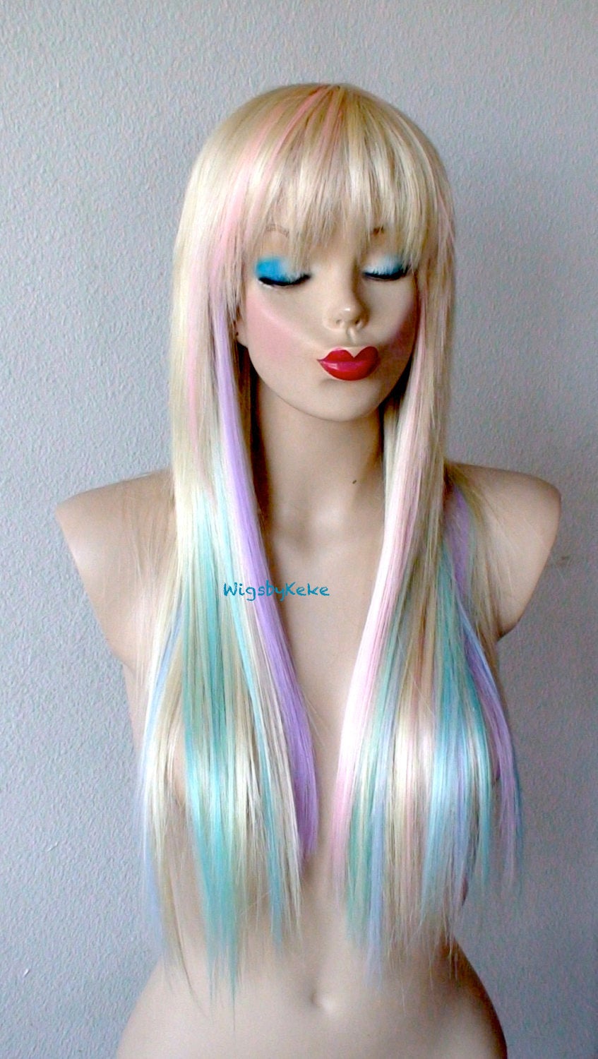 28" Blonde Pastel Color Ombre Long Straight Layered Hair with Bangs Wig