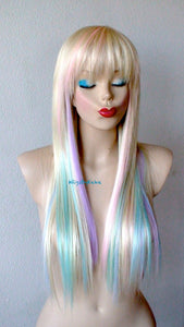 28" Blonde Pastel Color Ombre Long Straight Layered Hair with Bangs Wig