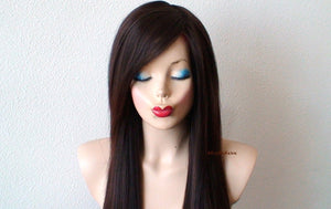 28" Chocolate Brown/Auburn ombré Long Straight Hair Long Side Bangs Wig