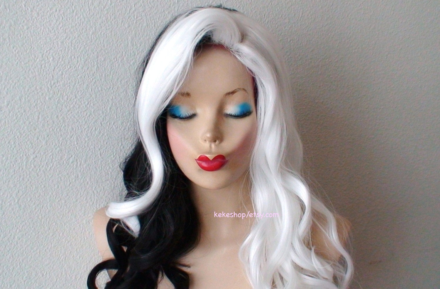 28" White Black Side by Side Long Curly Hair with Long Side Bangs Wig