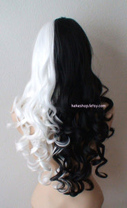 28" White Black Side by Side Long Curly Hair with Long Side Bangs Wig