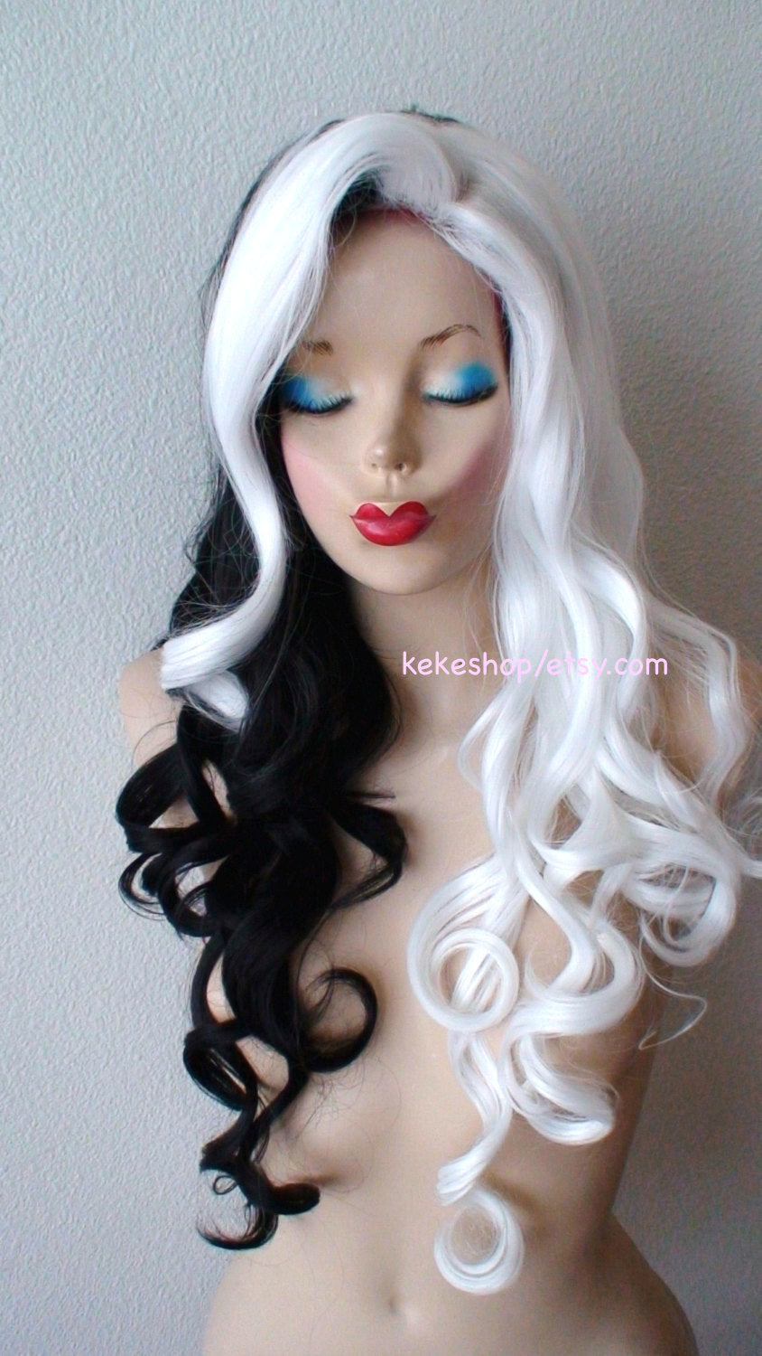 28" White Black Side by Side Long Curly Hair with Long Side Bangs Wig