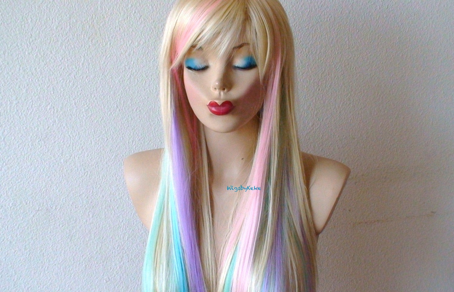 28" Blonde Pastel Color Ombre Long Straight Layered Hair with Bangs Wig