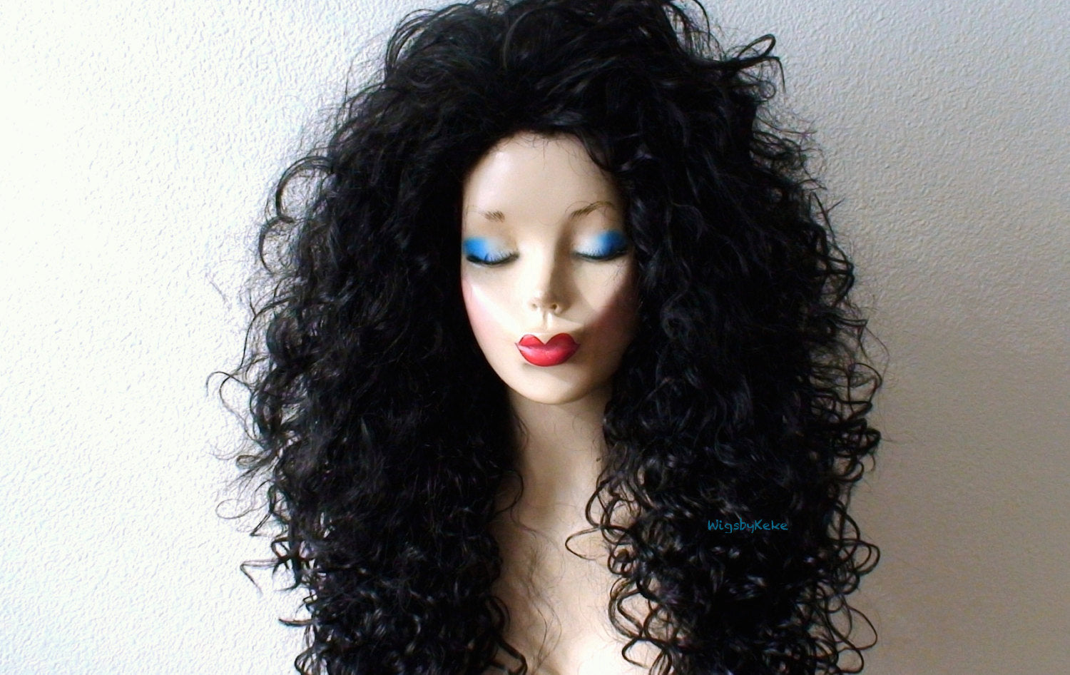 30" Black Long Curly Wig. Custom Wig. Cosplay Wig.