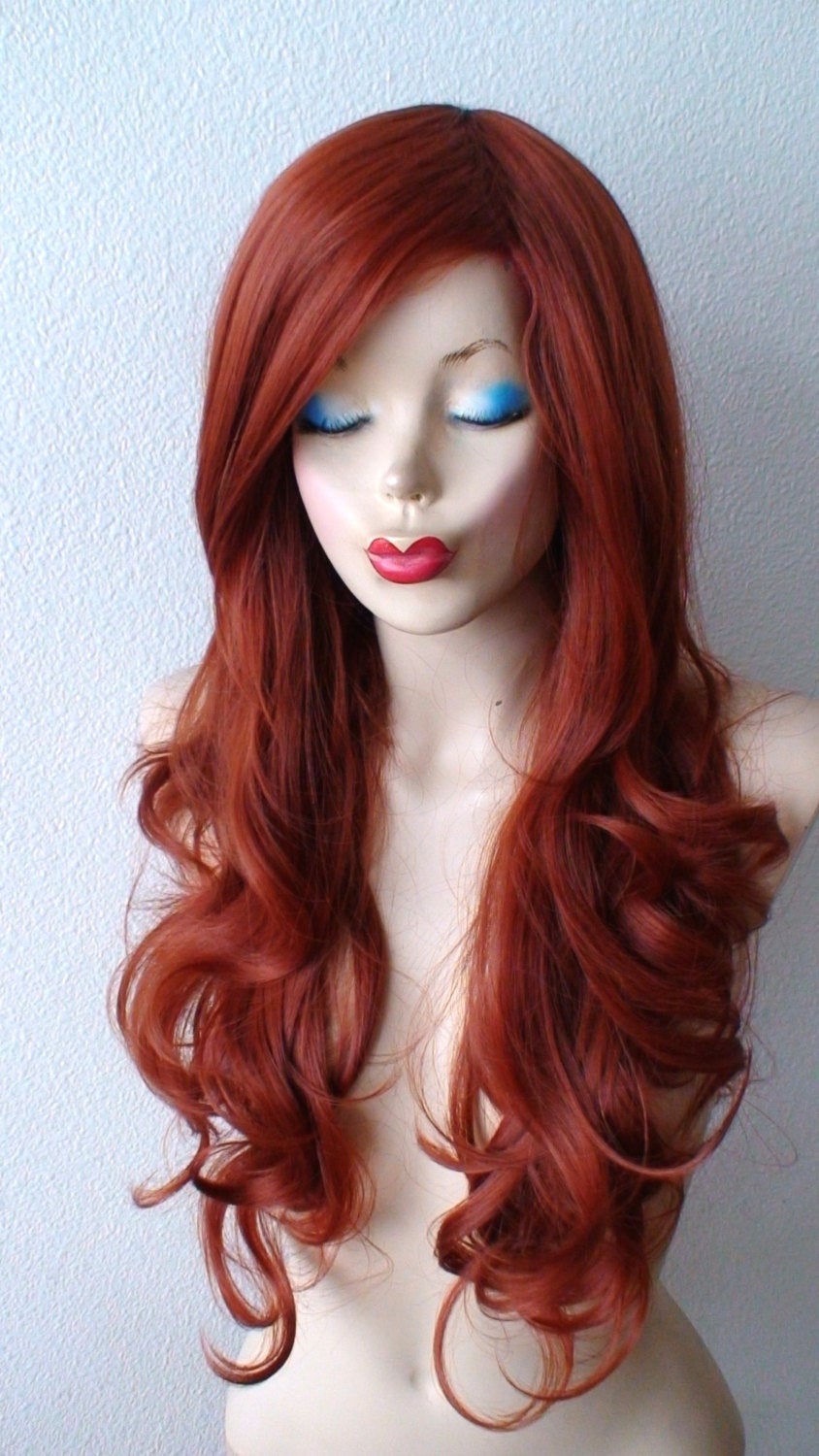 26" Copper Red Long Curly Hair Long Side Bangs Wig