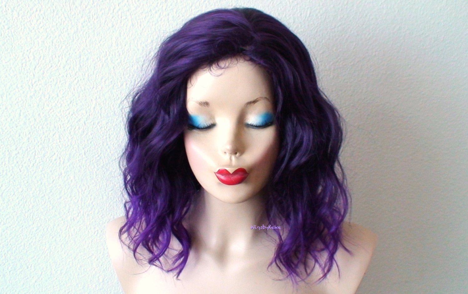 16" Purple Ombre Beach Wave Hairstyle Wig.