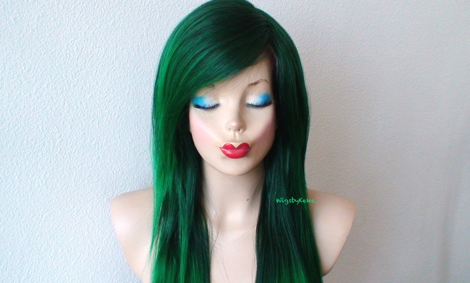 28" Irish green Ombre Long  Straight Layered Hair Long Side Bangs Wig