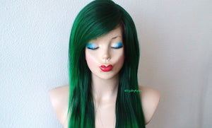 28" Irish green Ombre Long  Straight Layered Hair Long Side Bangs Wig