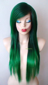 28" Irish green Ombre Long  Straight Layered Hair Long Side Bangs Wig