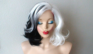 16" White Black Short  Wavy Hair Side Bangs Wig. Custom Wig. Cosplay Wig.