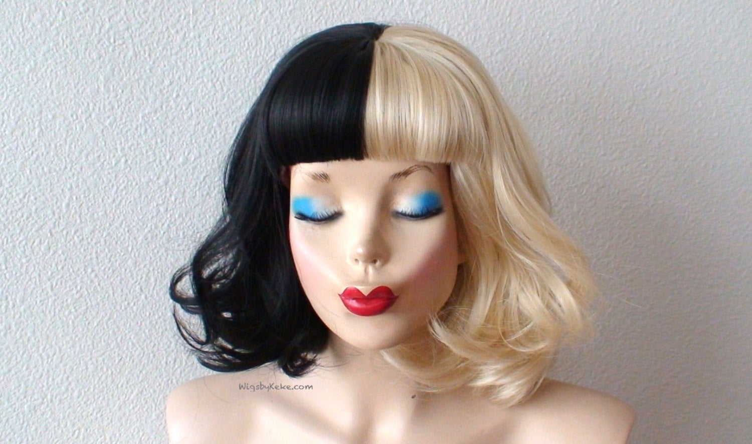 14" Blonde Black Side by Side Short Curly Hair with Bangs Wig