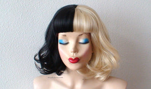 14" Blonde Black Side by Side Short Curly Hair with Bangs Wig