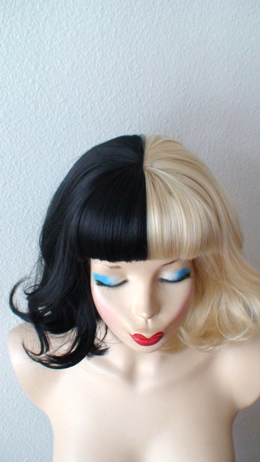 14" Blonde Black Side by Side Short Curly Hair with Bangs Wig