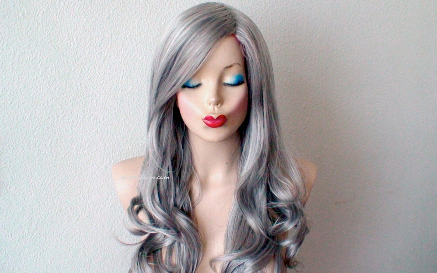 26" Salt Pepper Gray Long Curly HairLong Side Bangs Wig