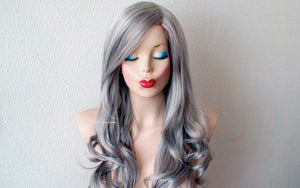 26" Lace Front Salt Pepper Gray Long Curly HairLong Side Bangs Wig