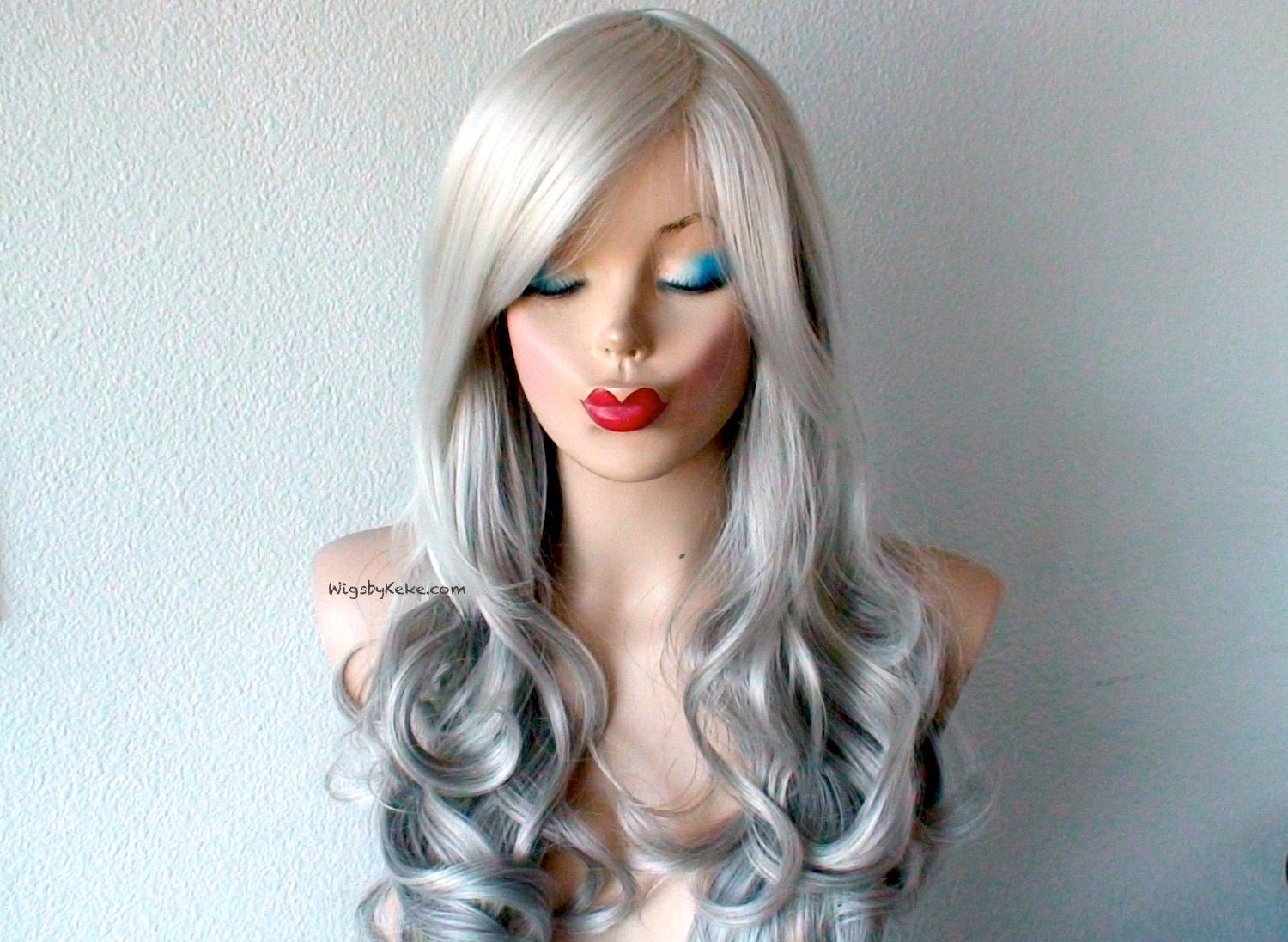 26" Grey Ombre Long Curly Hair Side Bangs Wig. Salt Pepper Ombre Wig