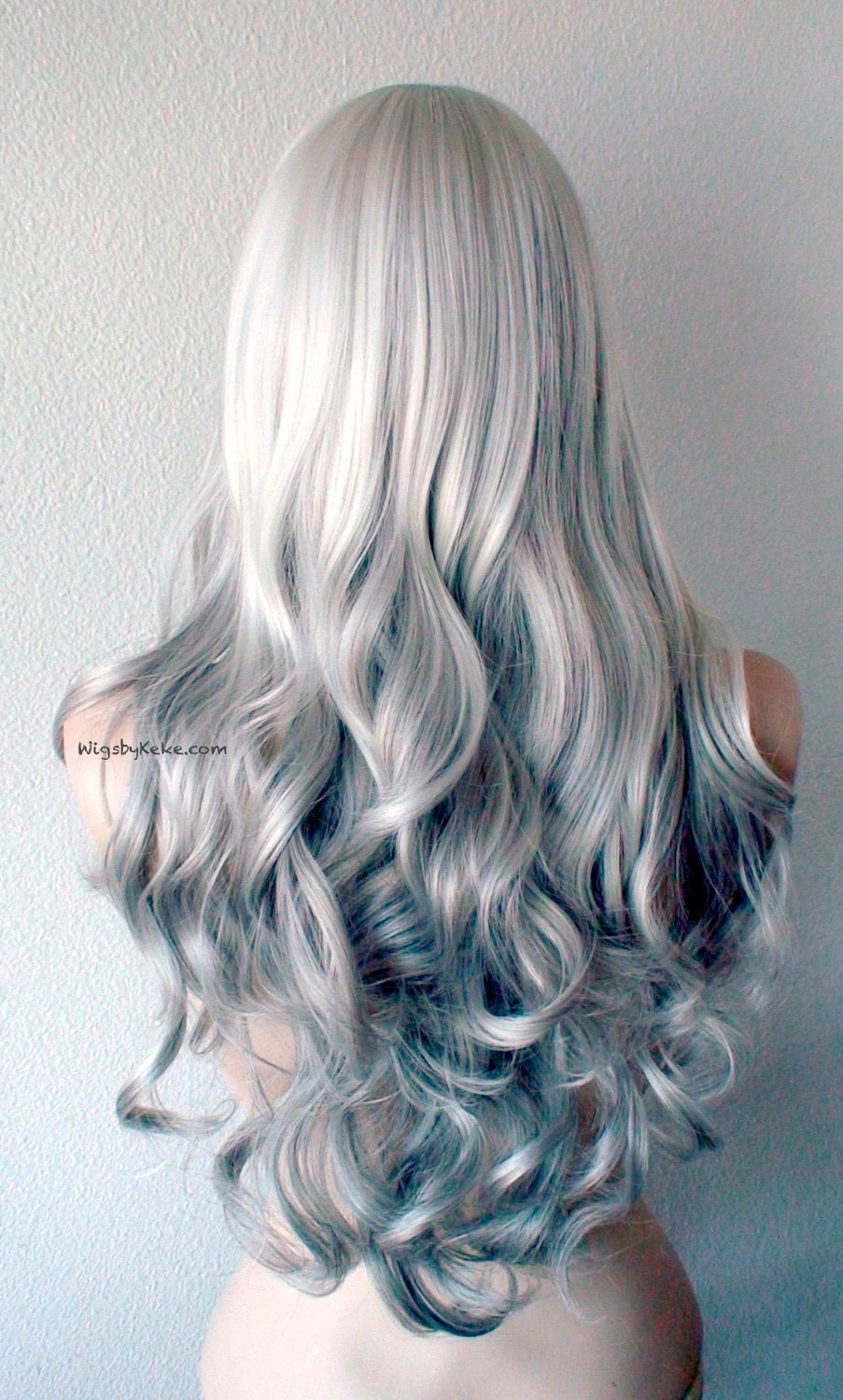 26" Grey Ombre Long Curly Hair Side Bangs Wig. Salt Pepper Ombre Wig