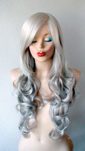 26" Grey Ombre Long Curly Hair Side Bangs Wig. Salt Pepper Ombre Wig