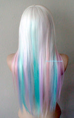 Load image into Gallery viewer, 28&quot; Pastel rainbow ombre wig. Snow white wig. Pastel pink, Lilac, Lavender, Aqua and sky blue wig. Custom wig. Cosplay wig.
