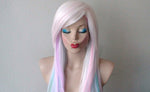 Load image into Gallery viewer, 28&quot; Pastel rainbow ombre wig. Snow white wig. Pastel pink, Lilac, Lavender, Aqua and sky blue wig. Custom wig. Cosplay wig.
