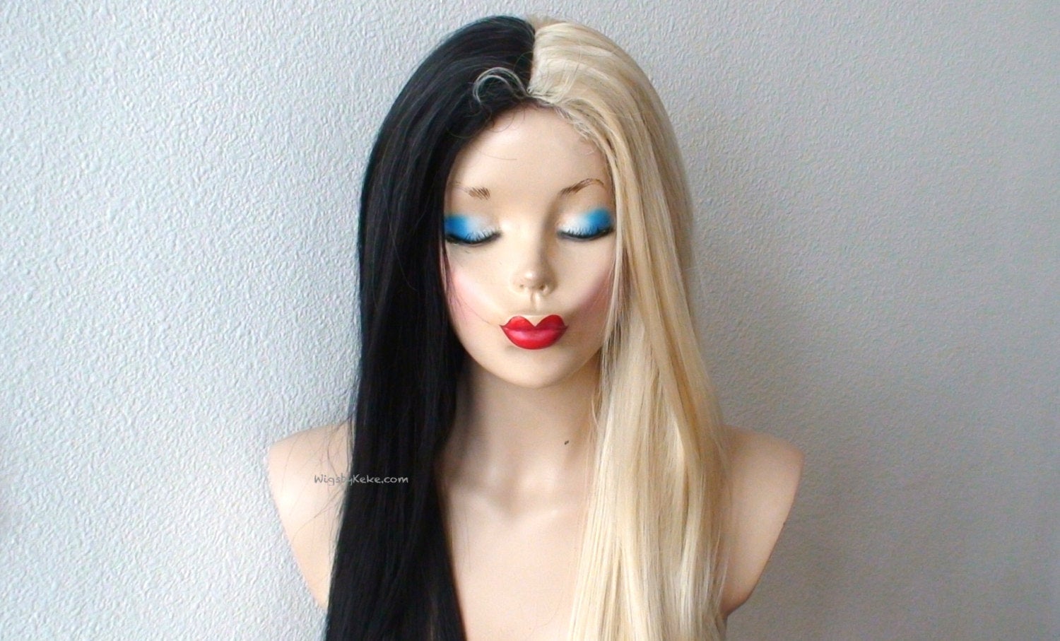 28" Lace Front Blonde Black Side by Side Straight Layered Wig