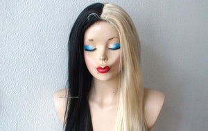 28" Lace Front Blonde Black Side by Side Straight Layered Wig