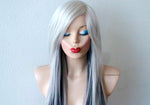 Load image into Gallery viewer, 28&quot; White Gray /Gunmetal /Black Ombre Long Straight Layered Hair Long Side Bangs Wig
