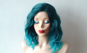 16" Pastel Teal Blue Ombre Short Wavy Hairstyle Wig