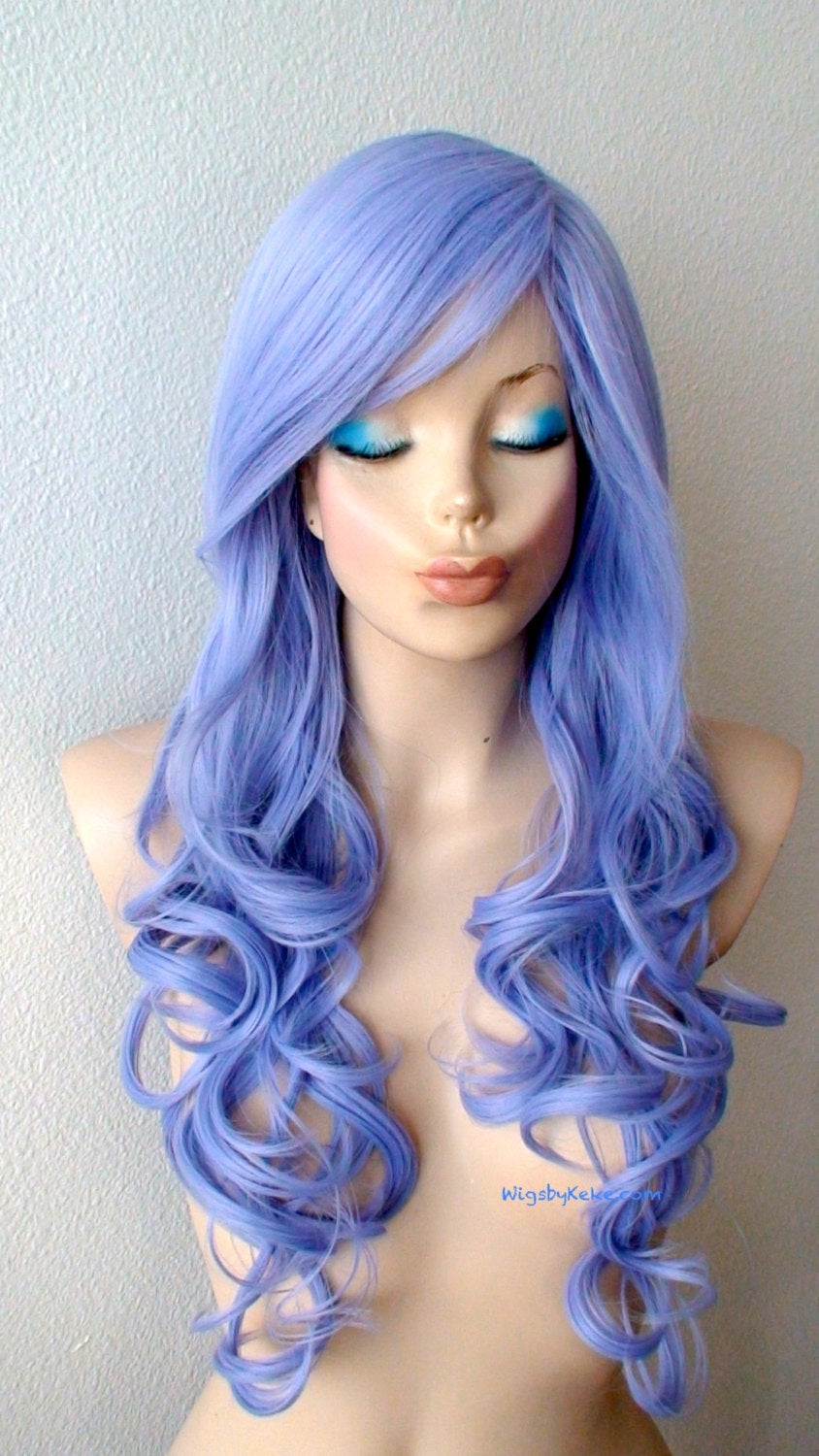 26" Pastel Lavender Blue Long Curly Hair Long Side Bangs Wig