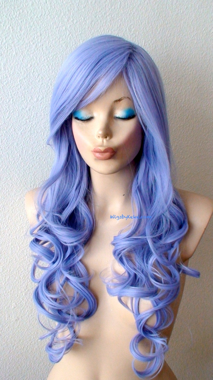 26" Pastel Lavender Blue Long Curly Hair Long Side Bangs Wig