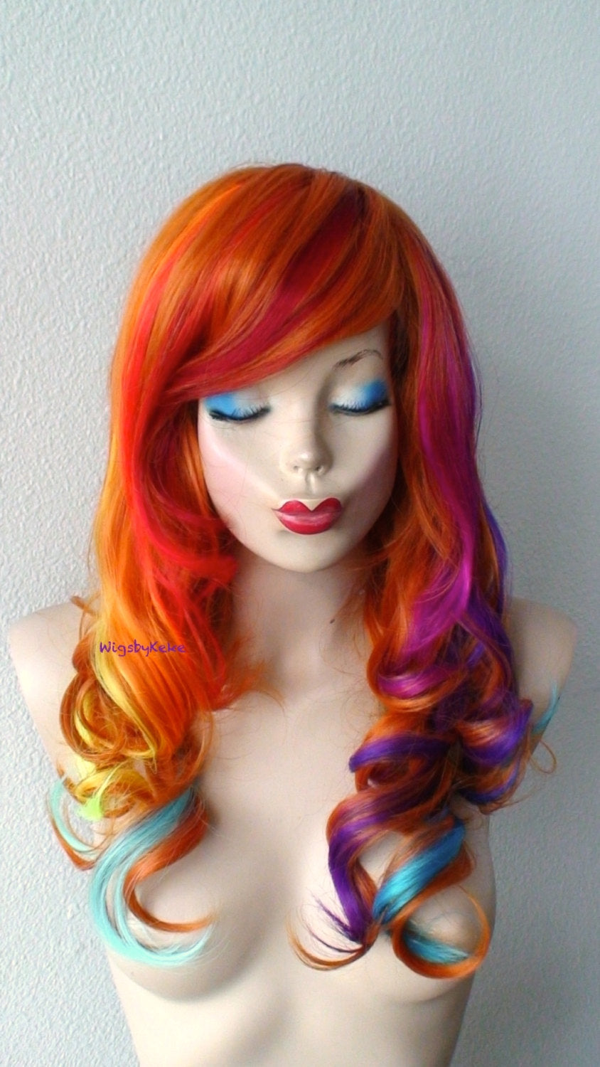 24" Pastel Rainbow Ombre Long Curly Hair Side Bangs Wig