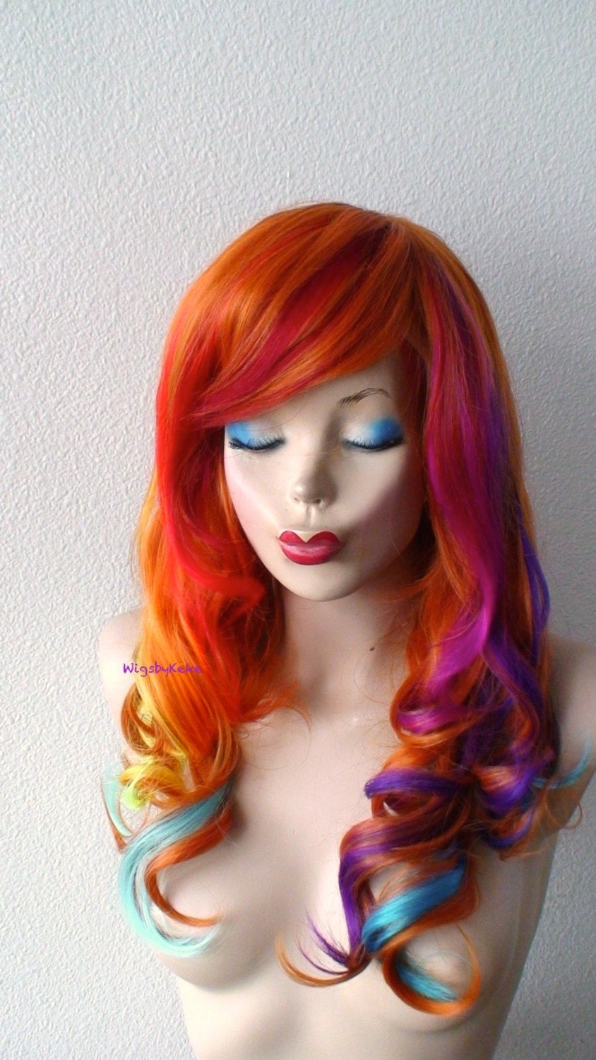 24" Pastel Rainbow Ombre Long Curly Hair Side Bangs Wig