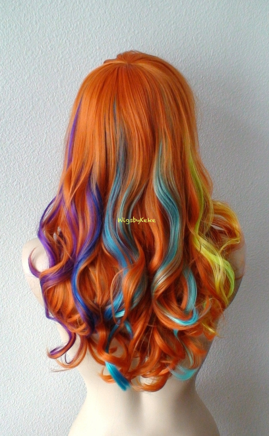 24" Pastel Rainbow Ombre Long Curly Hair Side Bangs Wig