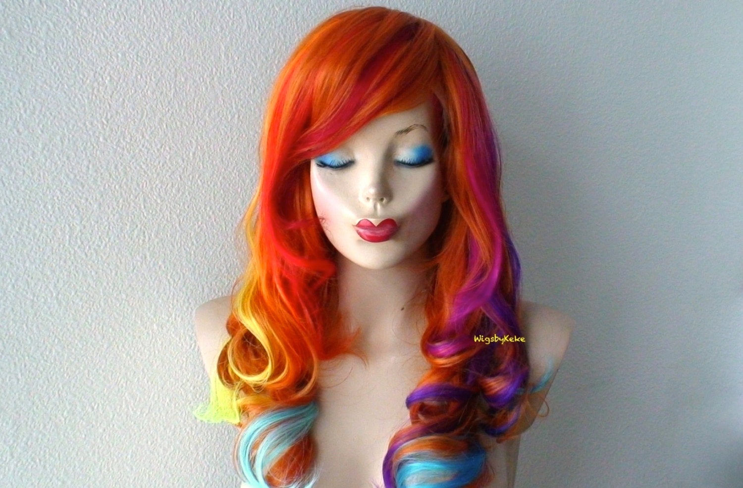 24" Pastel Rainbow Ombre Long Curly Hair Side Bangs Wig