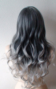 26" Gray Ombre Long Curly Hair Long Side Bangs Wig