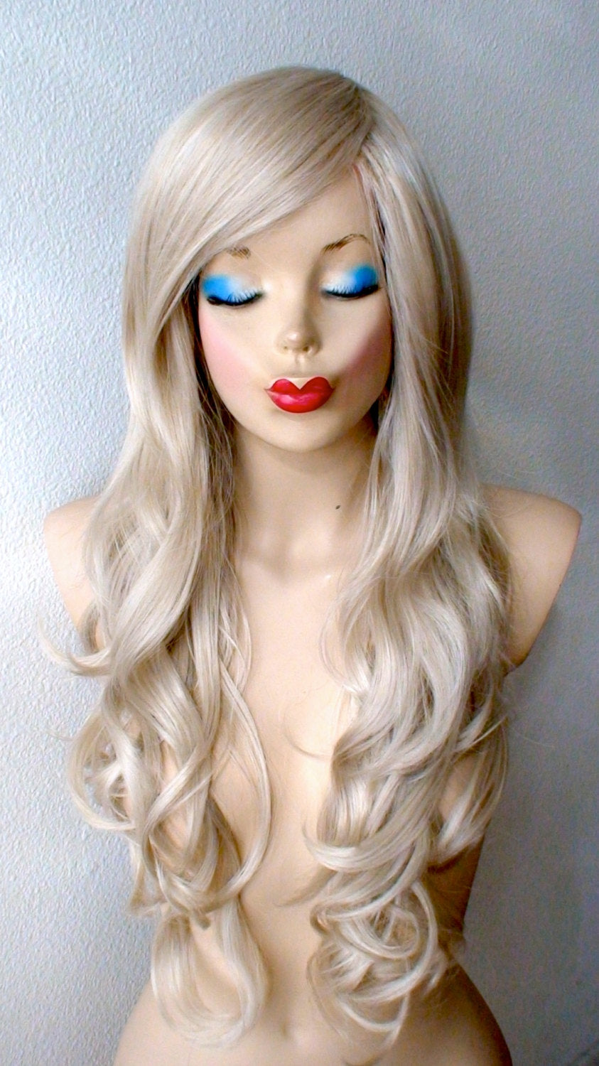 26" Ash Blonde Long Curly Hair Side Bangs Wig.