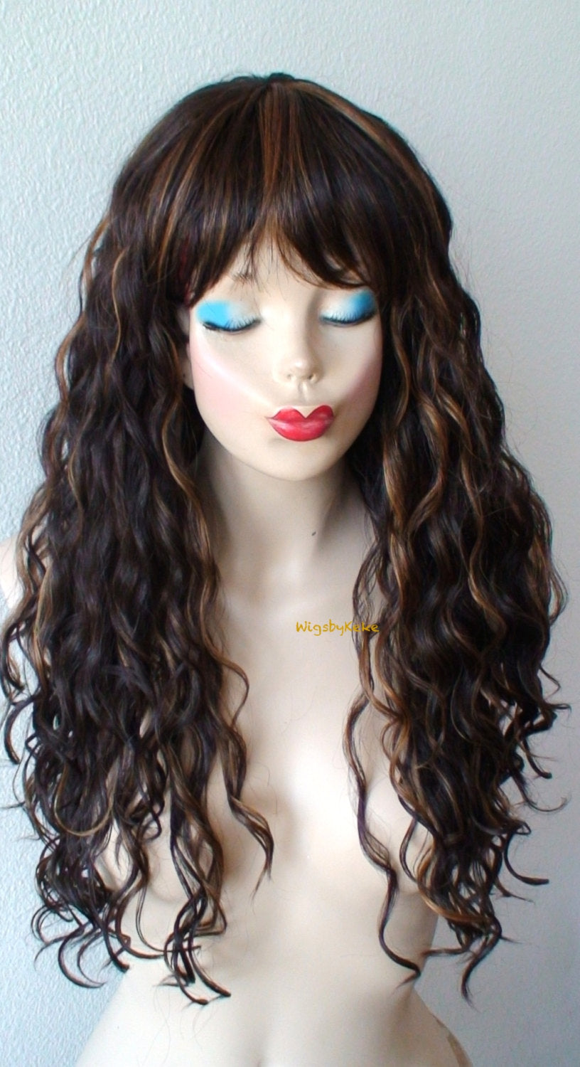 26" Brown Auburn Wavy hairs with Bangs Wig