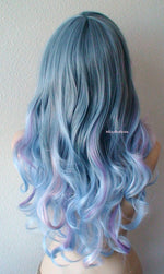 Load image into Gallery viewer, 26&quot; Pastel Blue Lavender Pink Purple Ombre Long Curly Hair Side Bangs Wig. Custom Wig.
