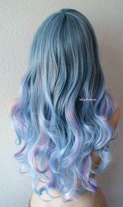 26" Pastel Blue Lavender Pink Purple Ombre Long Curly Hair Side Bangs Wig. Custom Wig.