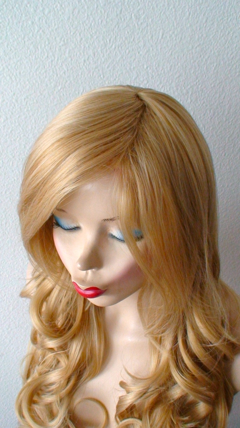 26" Golden Blonde /Strawberry Blonde Ombre Long Curly Hair Long Side Bangs Wig