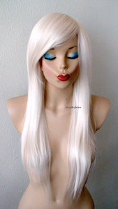 28" White Blonde Long Straight Layered Hair Long Side Bangs Wig. Scene girl wig. Emo wig.