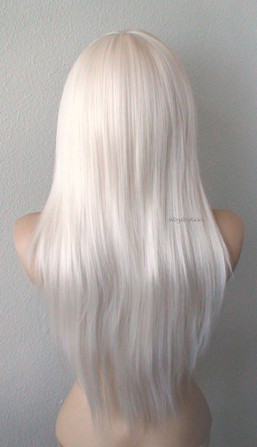 28" White Blonde Long Straight Layered Hair Long Side Bangs Wig. Scene girl wig. Emo wig.