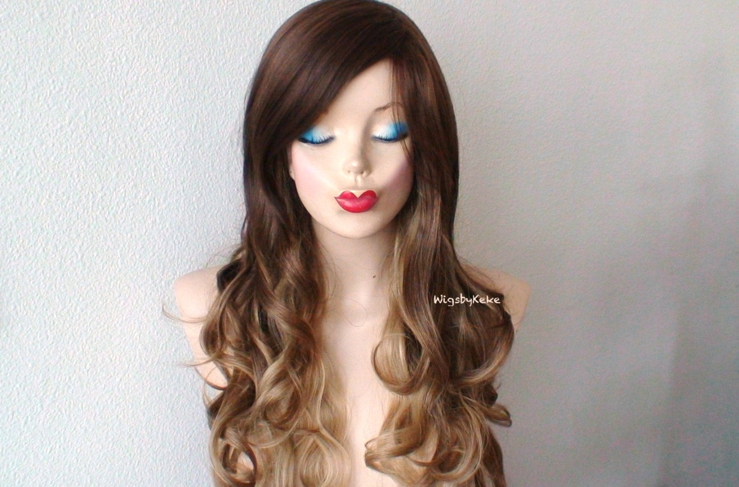 26" Lace Front Brown Dirty Blonde Ombre Long Curly Hair Long Side Bangs Wig