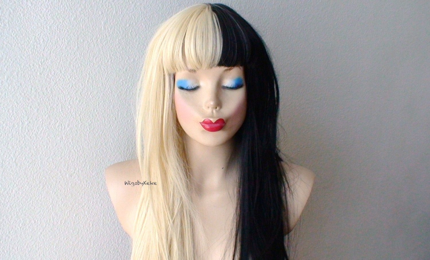 28" Blonde/Black Side by Side Long Straight Layered Hair with Bangs Wig